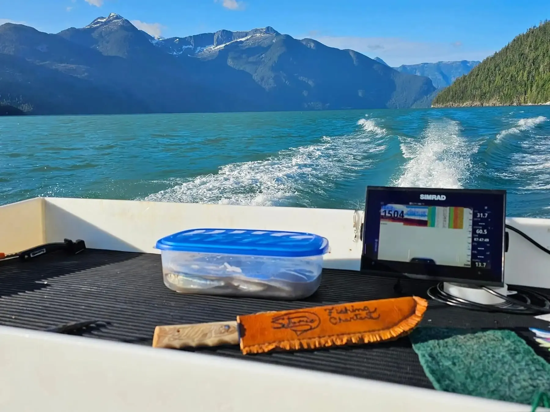 Fishing Storie Charters boat with coastal mountain backdrop Campbell River