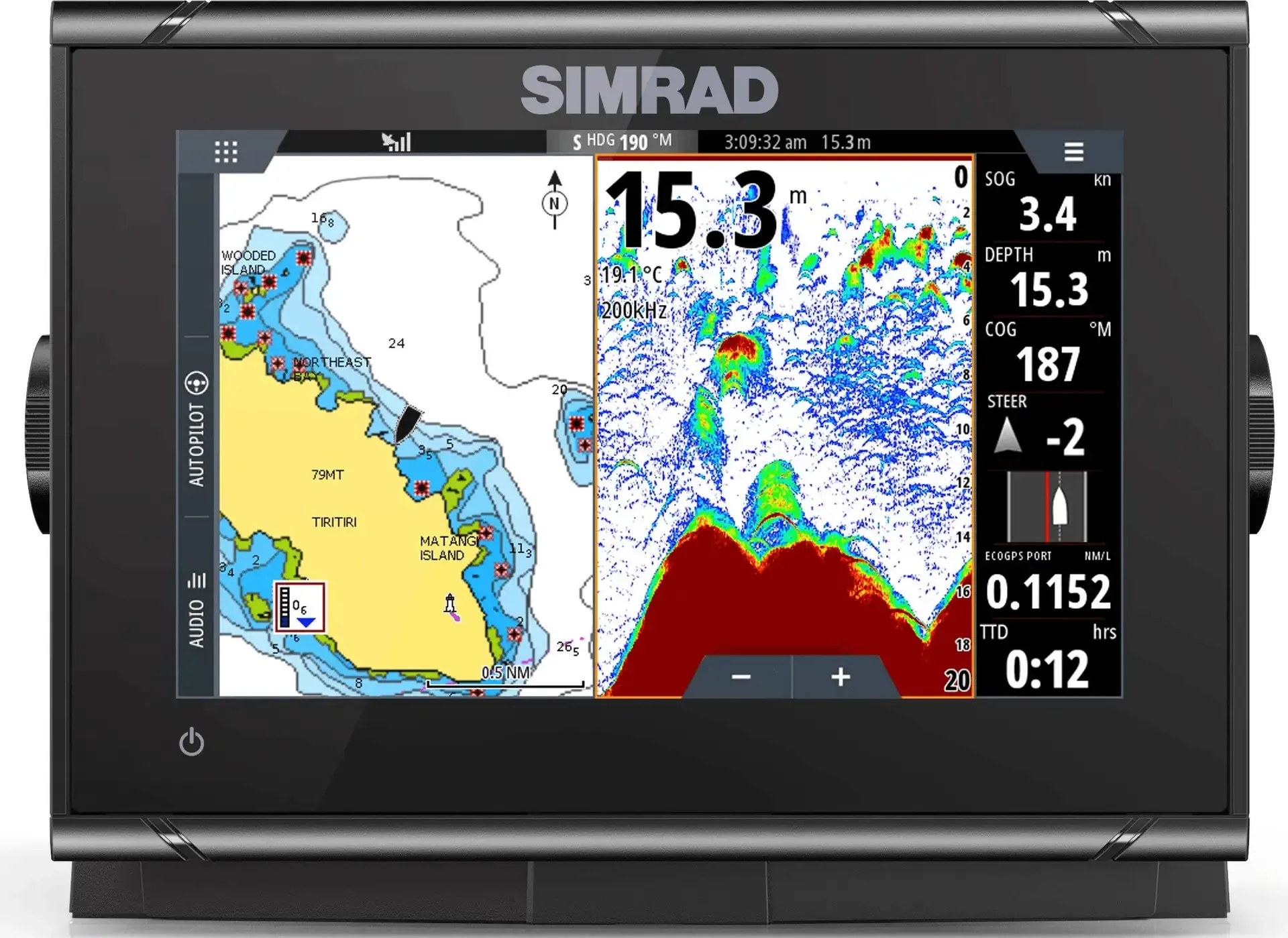 Simrad fish finder showing salmon and bait on screen