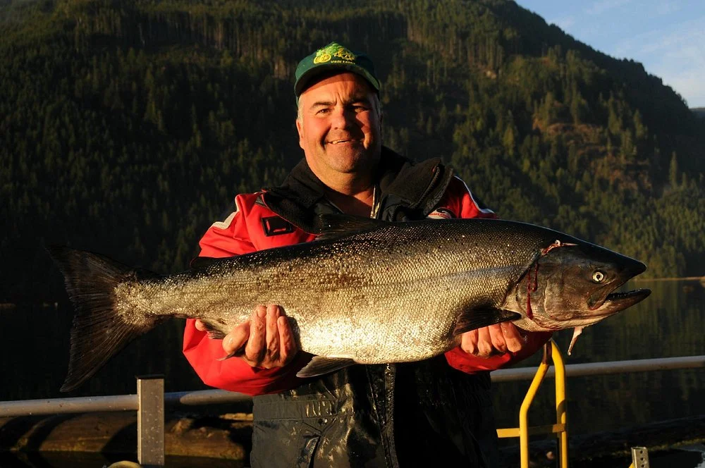 Angler holding 40+ pound Tyee Chinook salmon trophy catch Campbell River BC